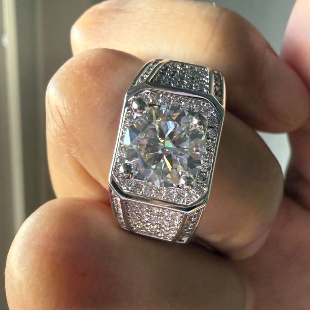Men’s 1CT Moissanite Ring Size 10 Rhodium Plated Statement Ring GRA